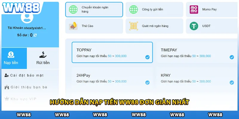 Hướng dẫn nạp tiền WW88 đơn giản nhất